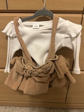 Baby Cream Ribbed Ruffle Top with Tan Corduroy Suspender Skirt